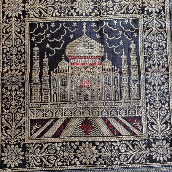 Taj Mahal Embroidered Square Silk Tapestry Pillow Cover17" X 17" Blue & Gold Des - Picture 2 of 8